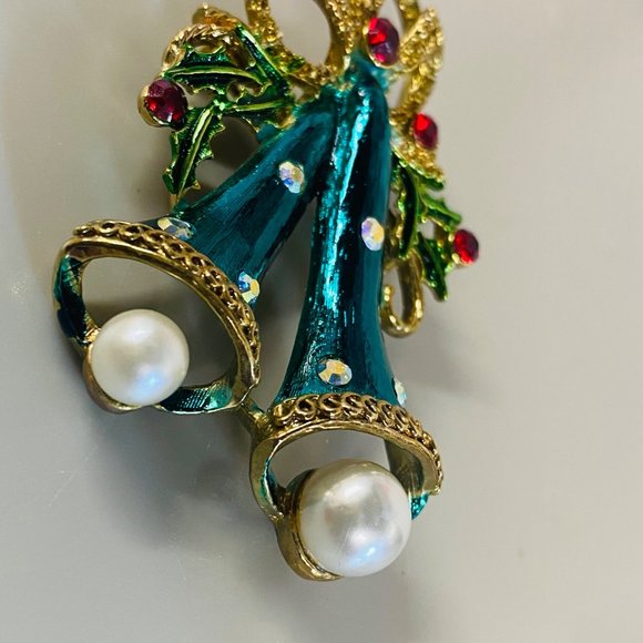 Long Two Bell Christmas Holiday Brooch Pin Holly Faux Pearls Rhinestone Bows - Picture 7 of 16
